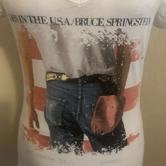 Bruce Springsteen White V-Neck Born In The USA Graphic Semi Sheer Shirt - Picture 5 of 11